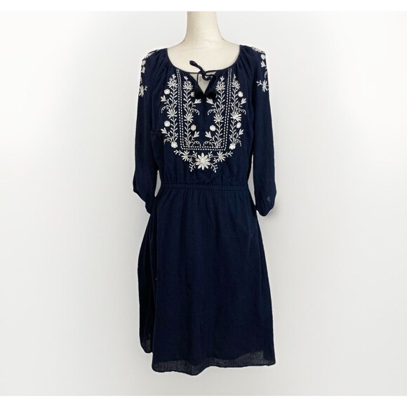 Talbots Dress Women’s M Blue Floral Embroidered Gauze A-Line Knee Length Boho - Picture 1 of 11